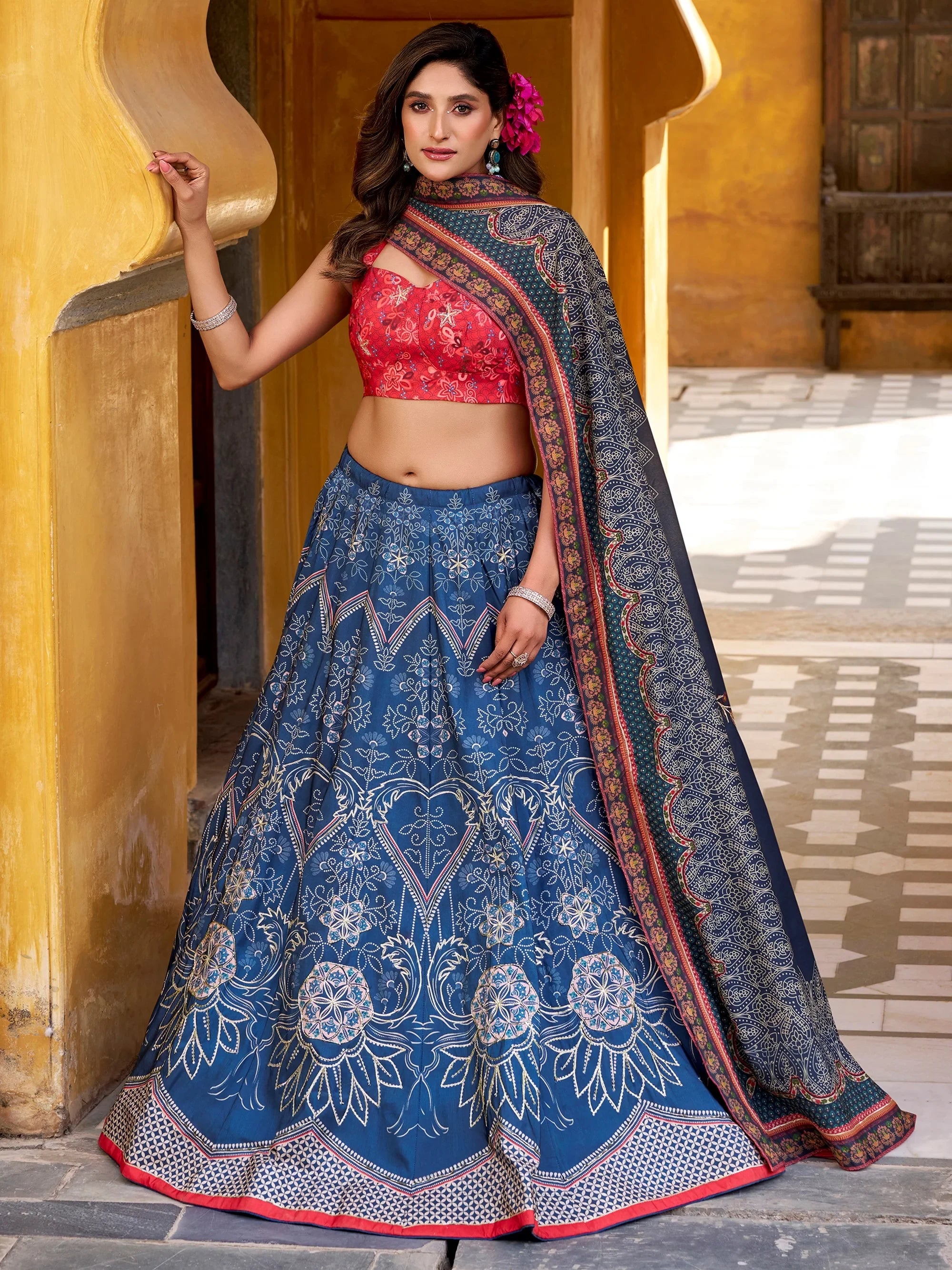 Sparkling Blue Digital Printed Silk Lehenga Choli With Dupatta