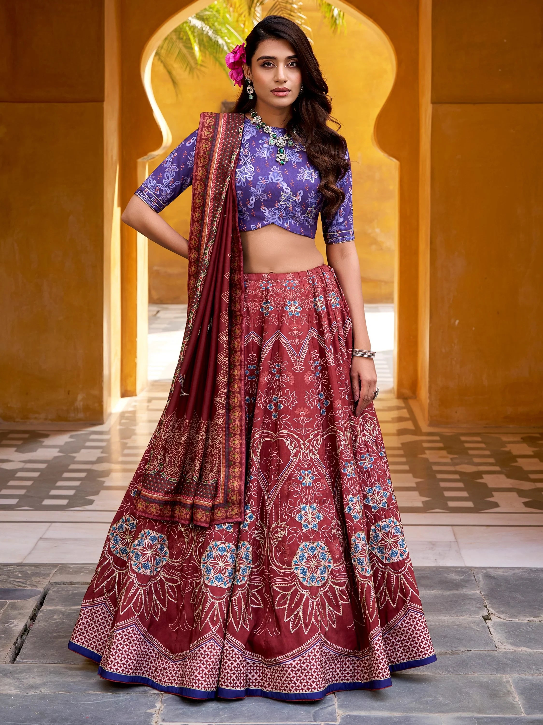 Stunning Maroon Digital Printed Silk Traditional Lehenga Choli