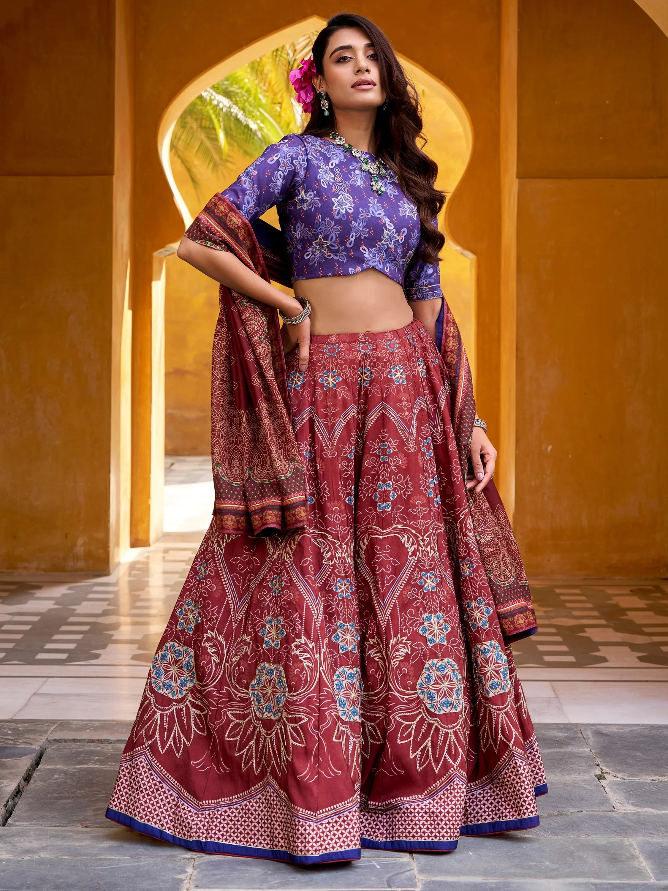 Stunning Maroon Digital Printed Silk Traditional Lehenga Choli
