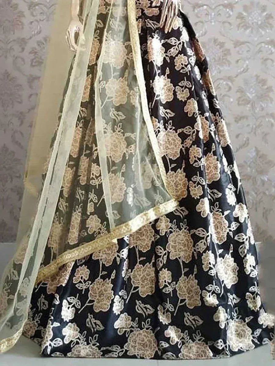 Black floral lehenga choli with gold embroidery and sheer dupatta, Indian ethnic wear