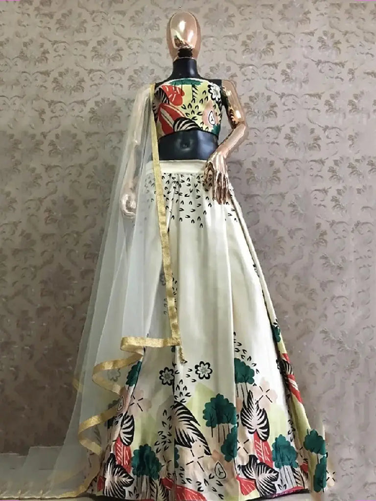 Ravishing Cream Satin Digital Printed Festival Wear Lehenga Choli