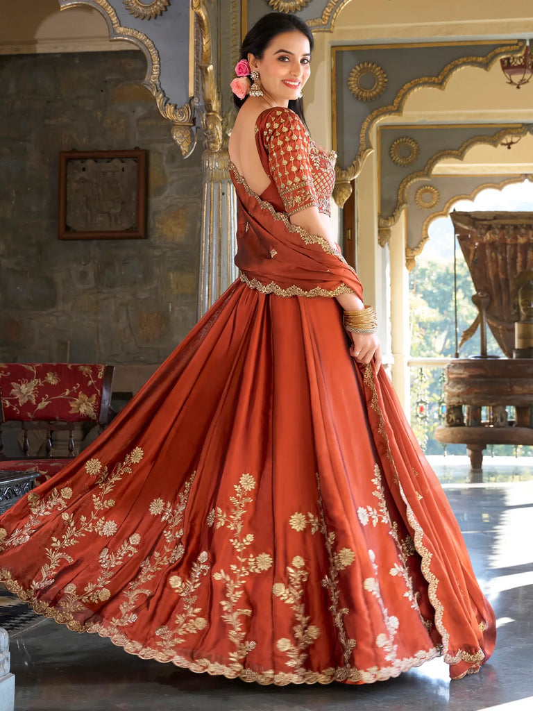 Attractive Orange Thread Embroidery Silk Wedding Wear Lehenga Choli
