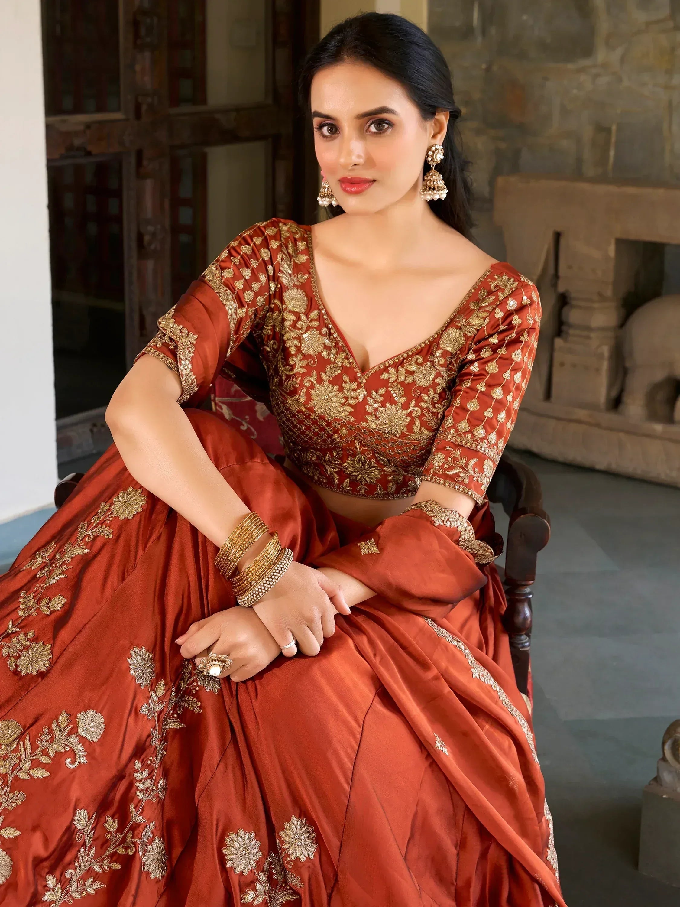 Attractive Orange Thread Embroidery Silk Wedding Wear Lehenga Choli