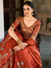 Attractive Orange Thread Embroidery Silk Wedding Wear Lehenga Choli