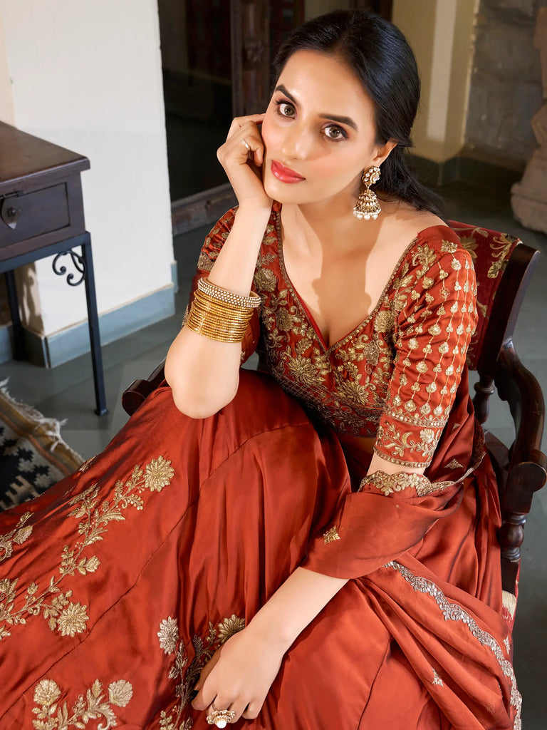 Attractive Orange Thread Embroidery Silk Wedding Wear Lehenga Choli