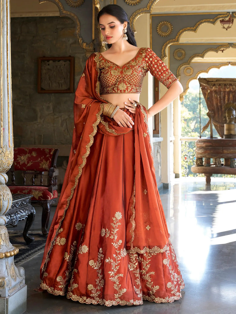 Attractive Orange Thread Embroidery Silk Wedding Wear Lehenga Choli