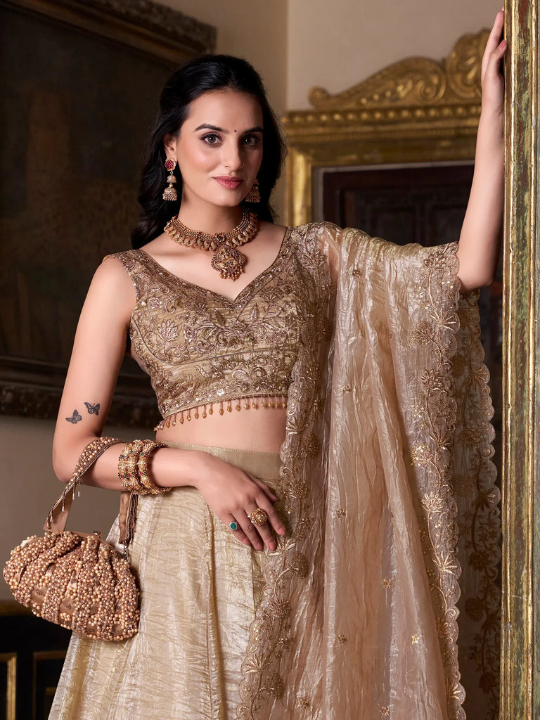 Enchanting Golden Sequins Organza Wedding Lehenga Choli With Dupatta