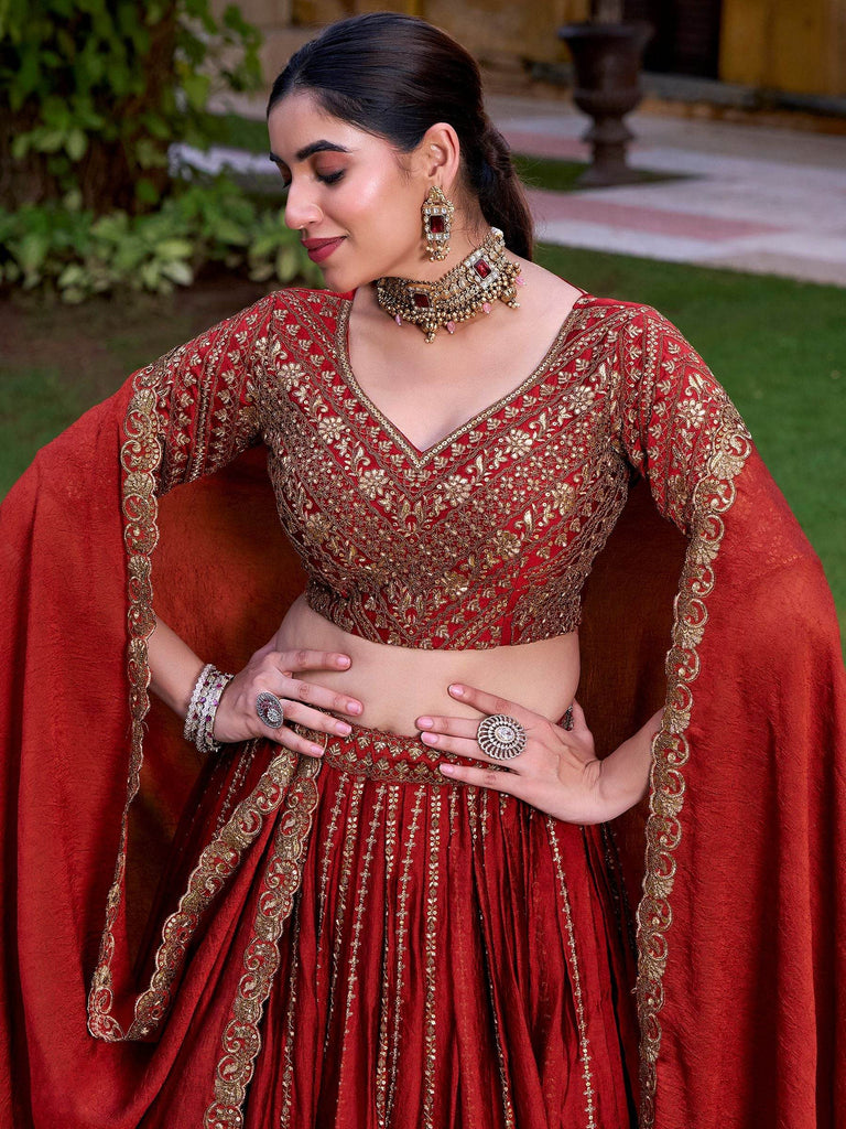 Excellent Red Sequins Silk Wedding Lehenga Choli With Dupatta