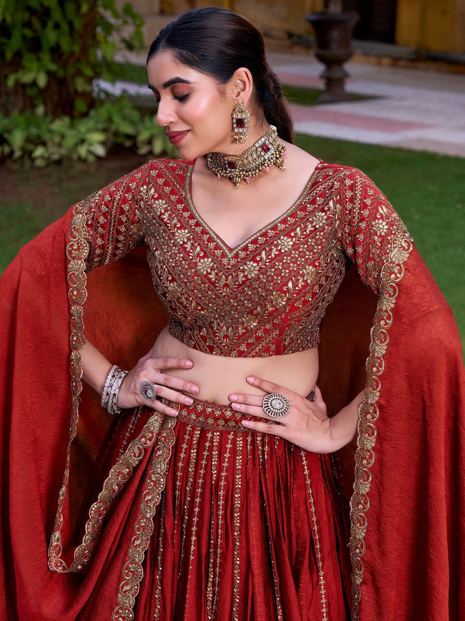 Excellent Red Sequins Silk Wedding Lehenga Choli With Dupatta