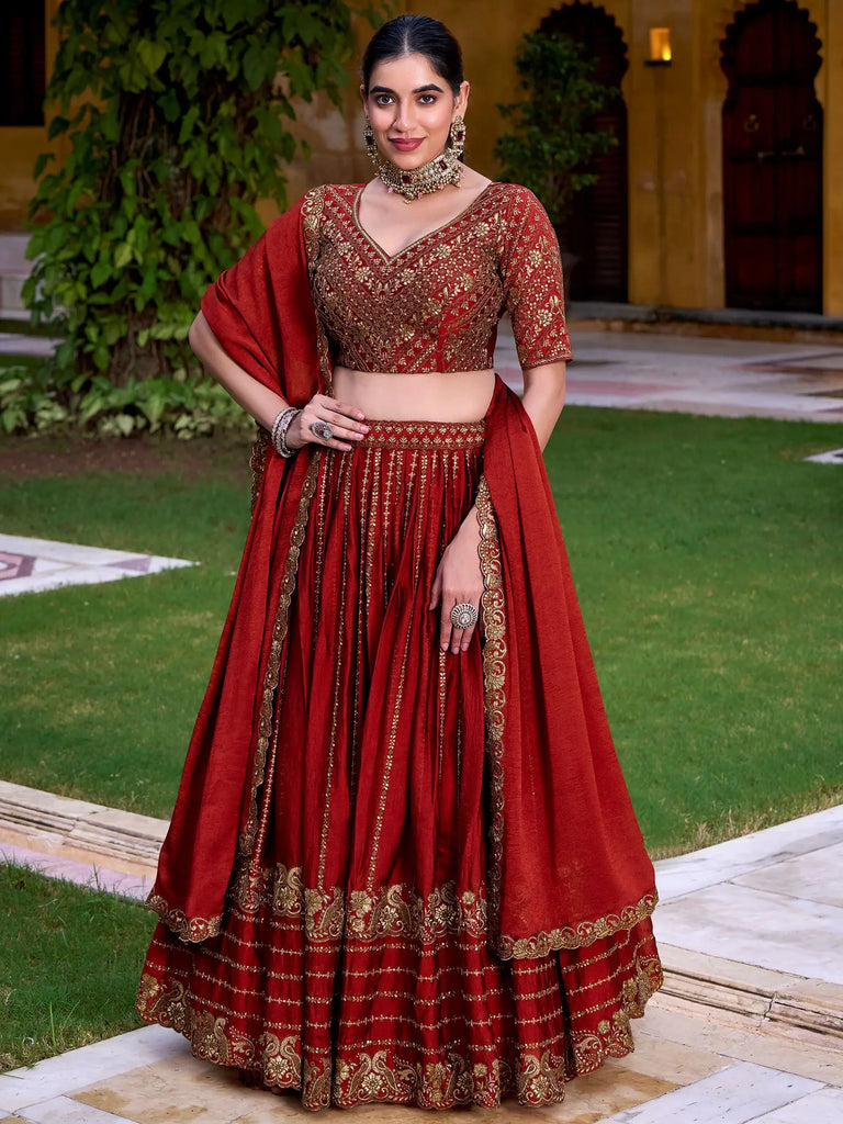 Excellent Red Sequins Silk Wedding Lehenga Choli With Dupatta