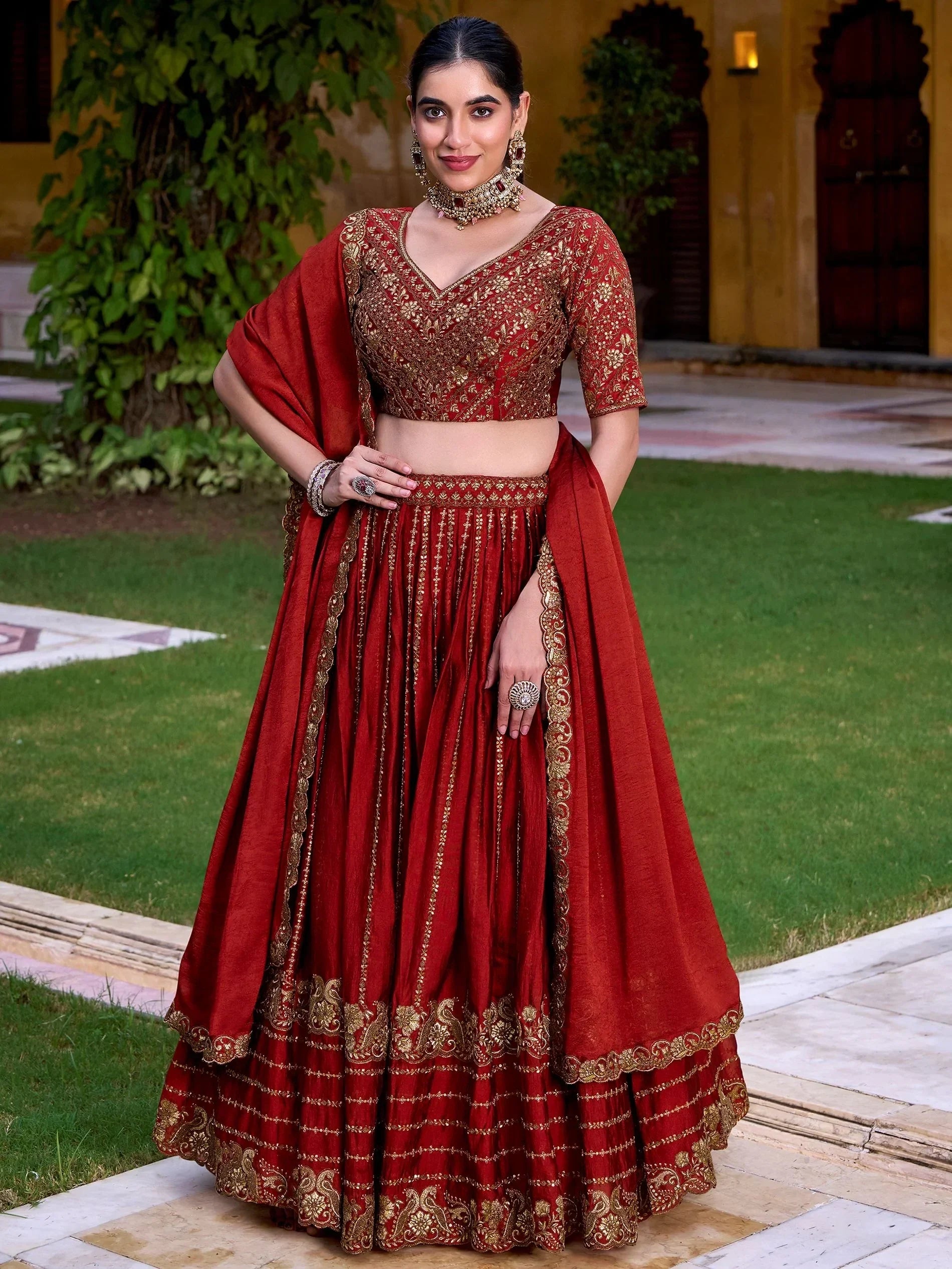 Excellent Red Sequins Silk Wedding Lehenga Choli With Dupatta
