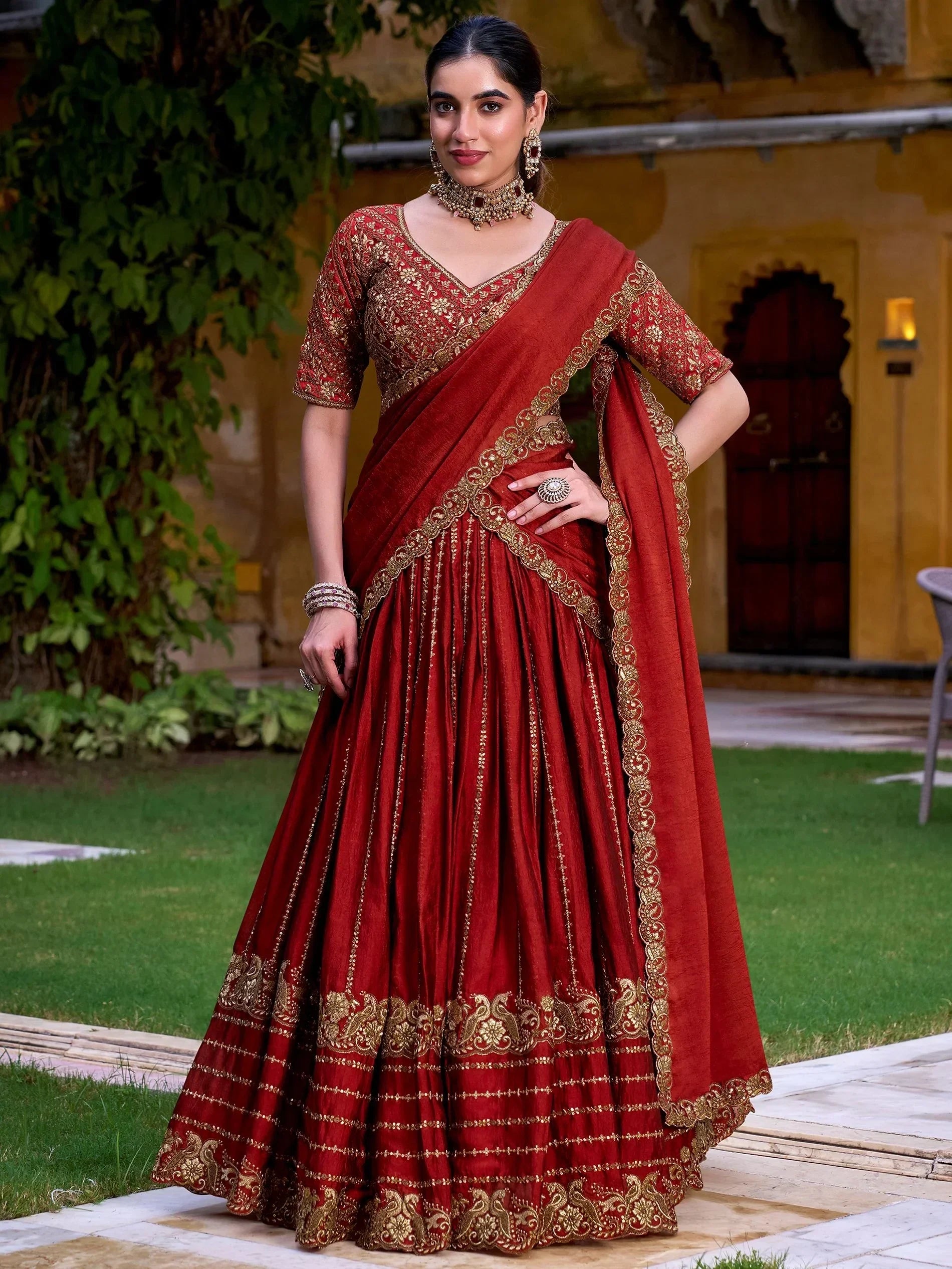 Excellent Red Sequins Silk Wedding Lehenga Choli With Dupatta