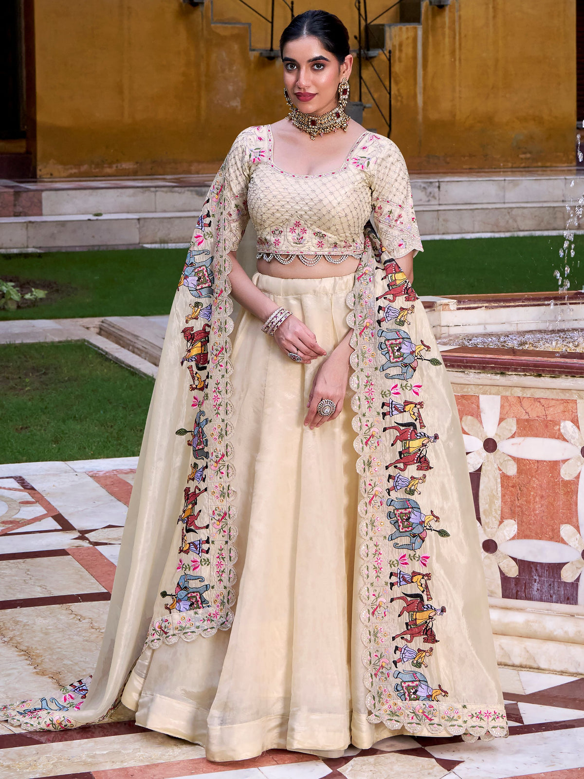 Enchanting Off-White Silk Wedding Wear Lehenga With Sequins Choli