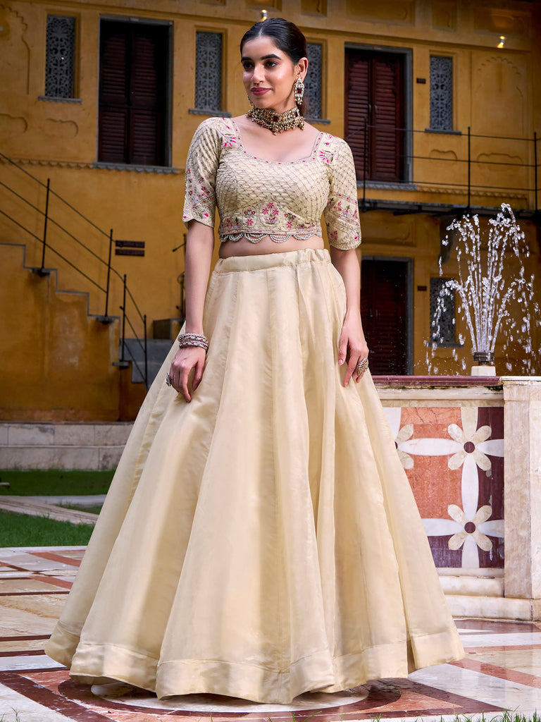 Enchanting Off-White Silk Wedding Wear Lehenga With Sequins Choli
