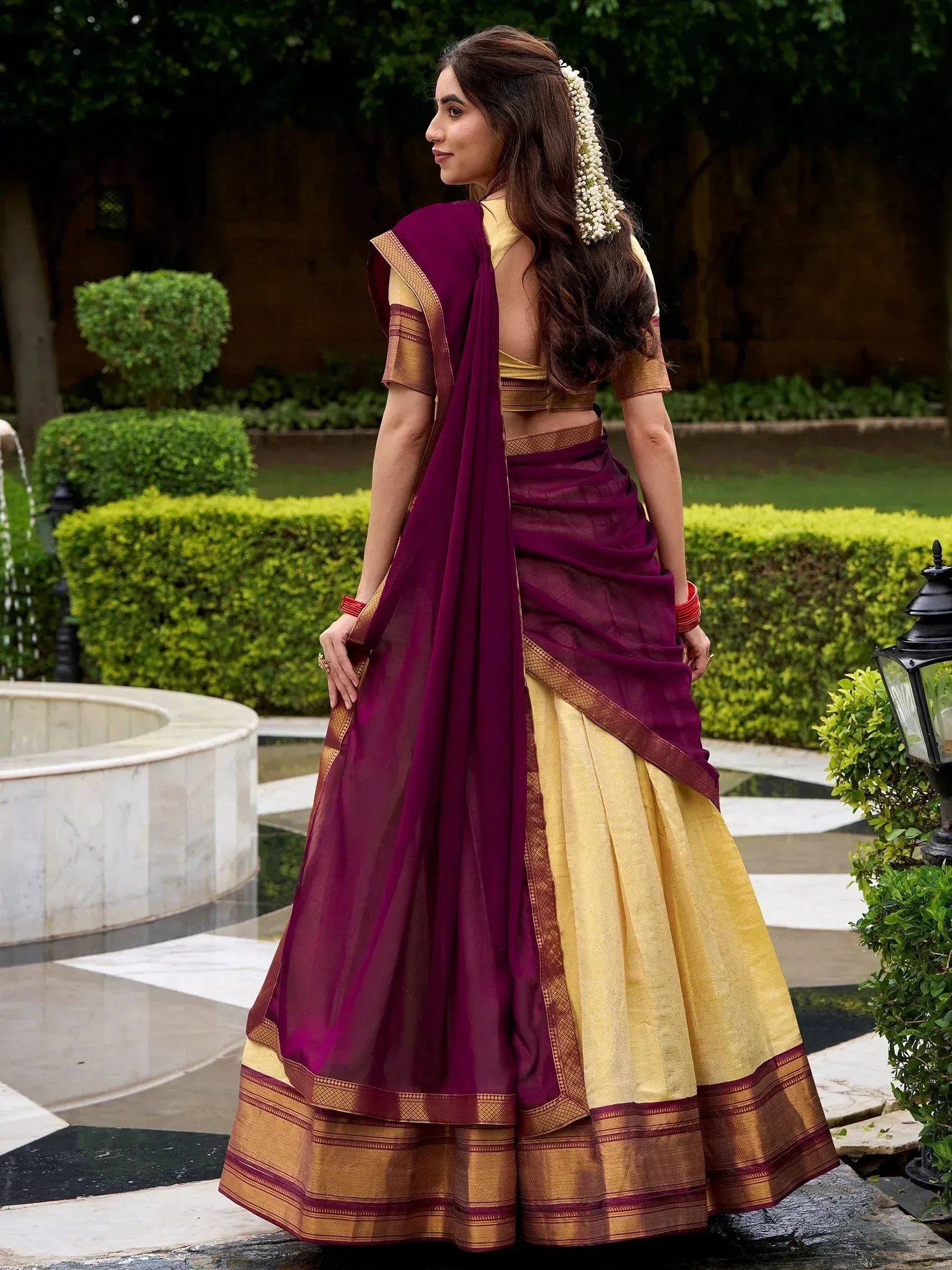 Fabulous Beige Zari Weaving Kanjivaram Event Wear Half Saree Lehenga