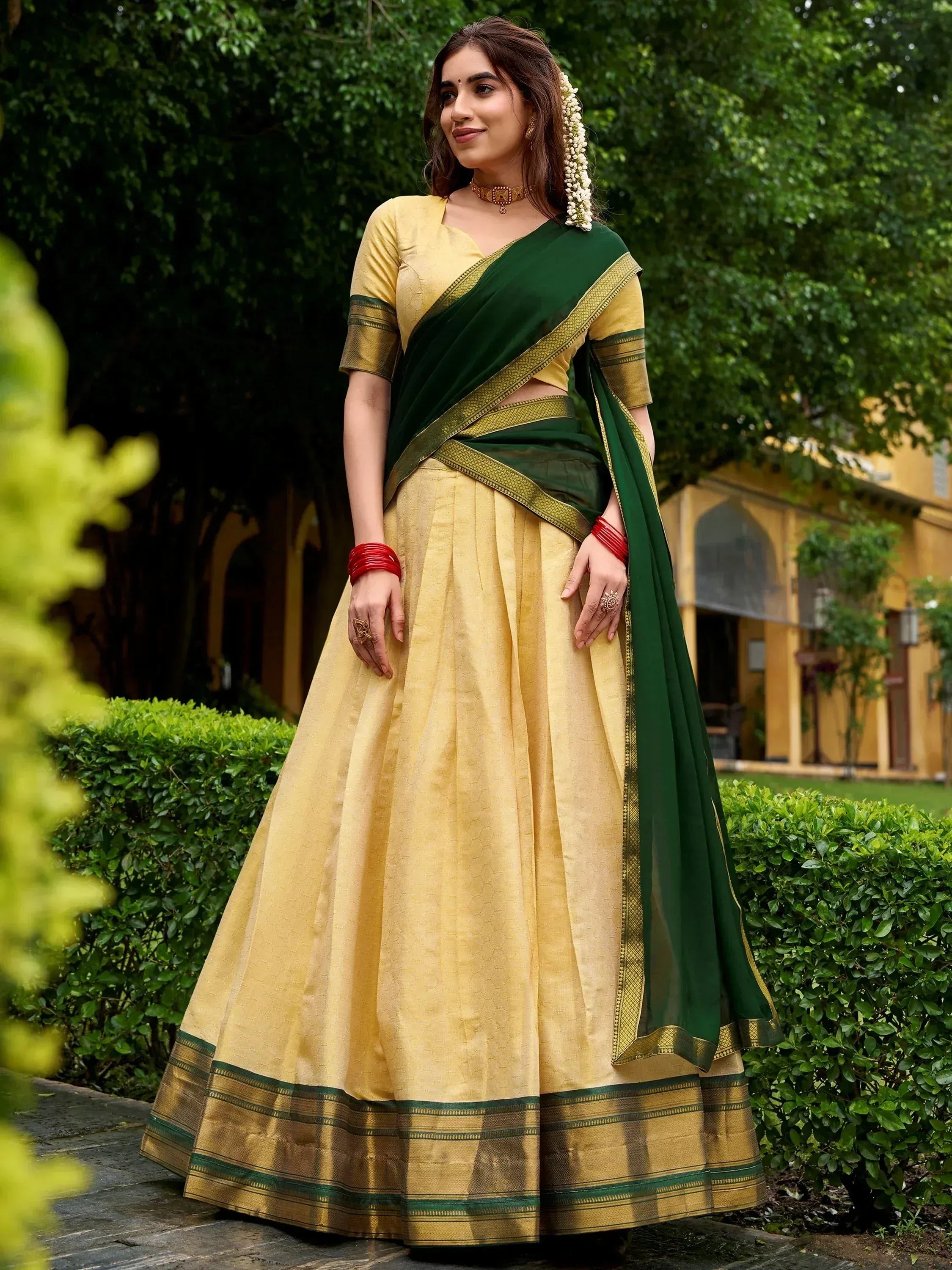 Elegant Beige Zari Weaving Kanjivaram Half Saree Lehenga
