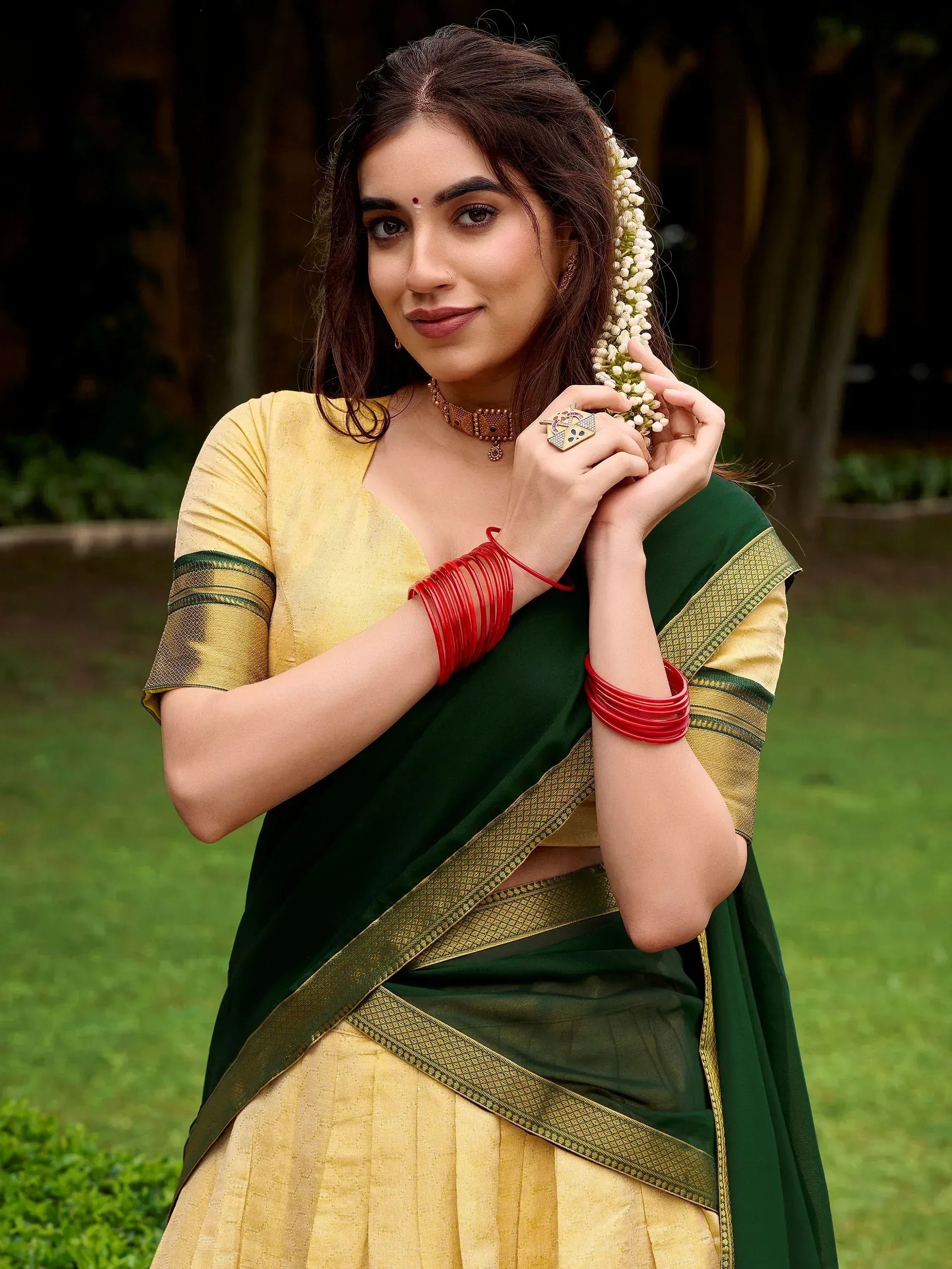 Elegant Beige Zari Weaving Kanjivaram Half Saree Lehenga