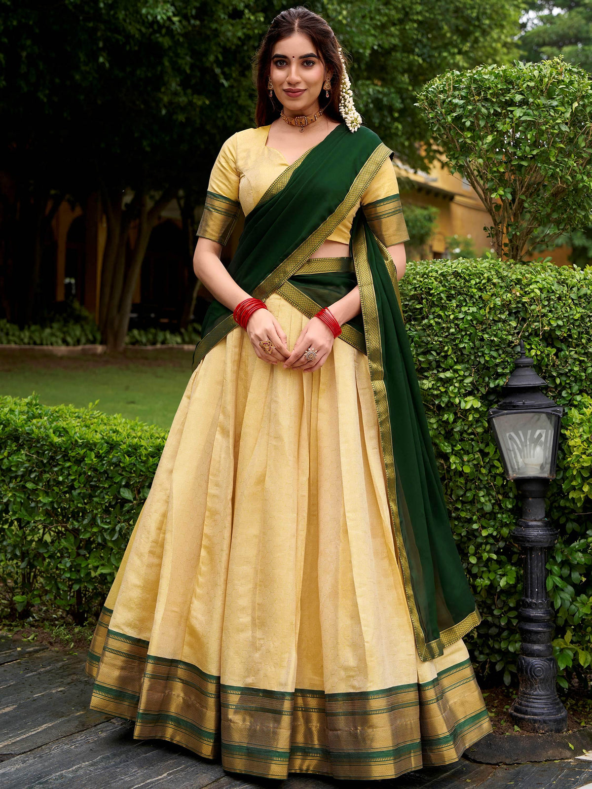 Elegant Beige Zari Weaving Kanjivaram Lehenga Choli With Dupatta