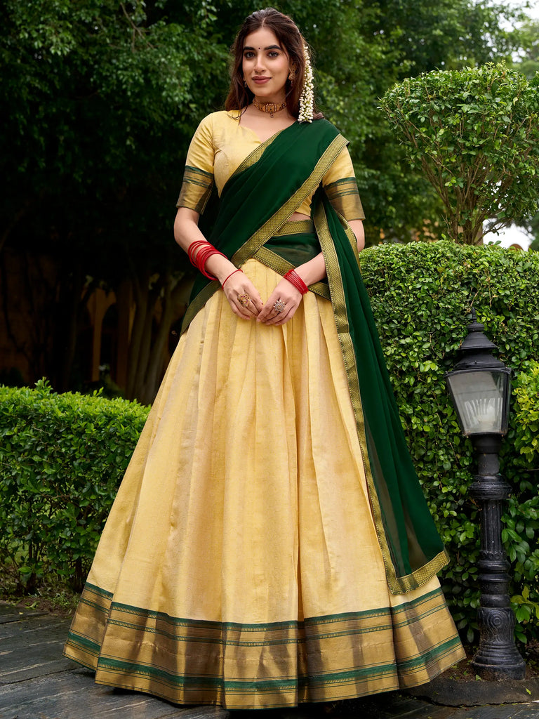 Elegant Beige Zari Weaving Kanjivaram Lehenga Choli With Dupatta