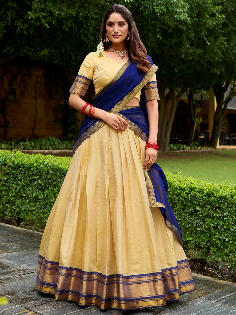Attractive Beige Zari Weaving Kanjivaram Festival Wear Lehenga Choli With Dupatta