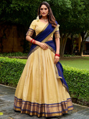 Attractive Beige Zari Weaving Kanjivaram Festival Wear Lehenga Choli With Dupatta