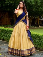 Attractive Beige Zari Weaving Kanjivaram Festival Wear Lehenga Choli With Dupatta