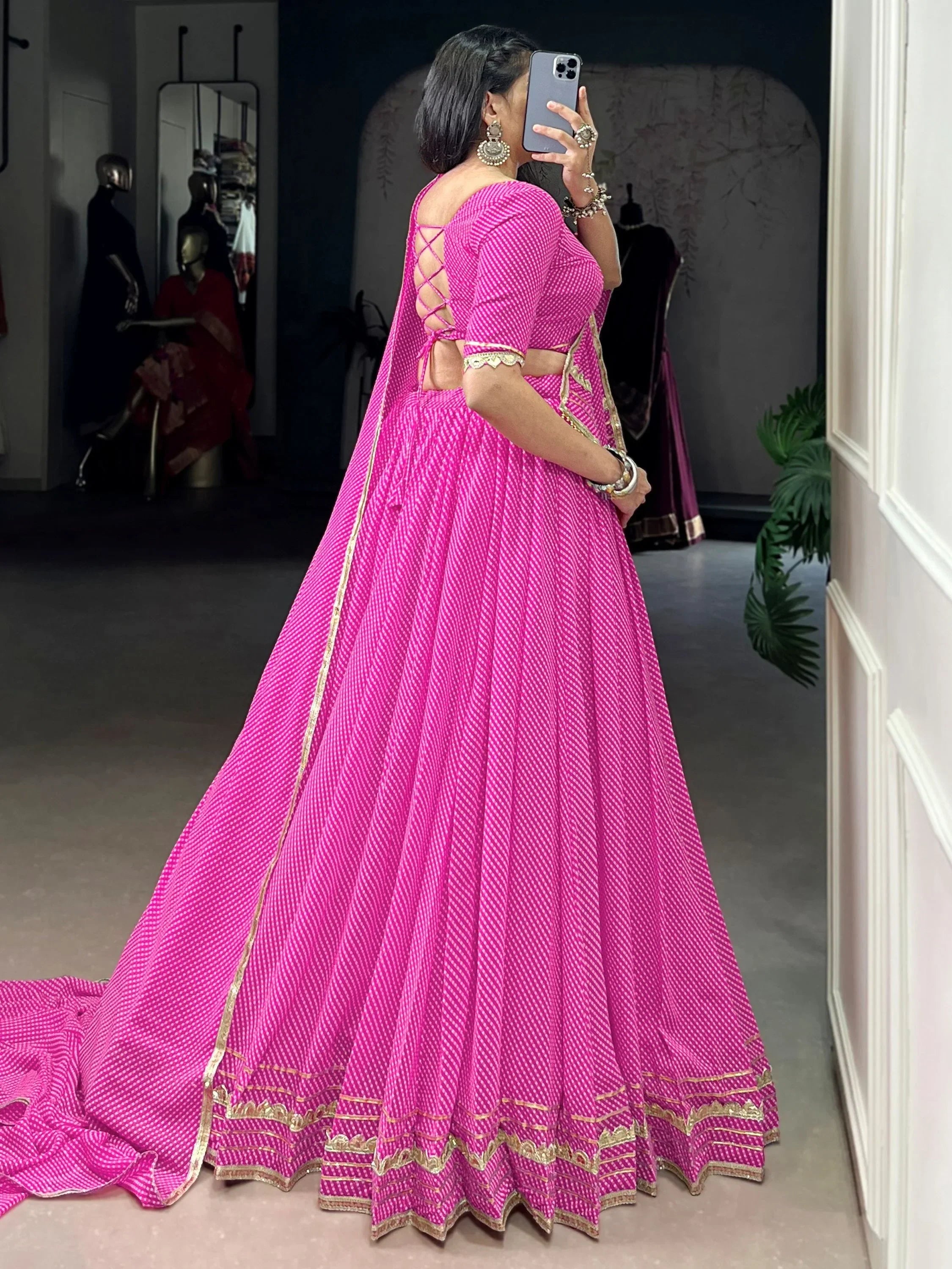 Outstanding Pink Badhani Printed Georgette Traditional Lehenga Choli
