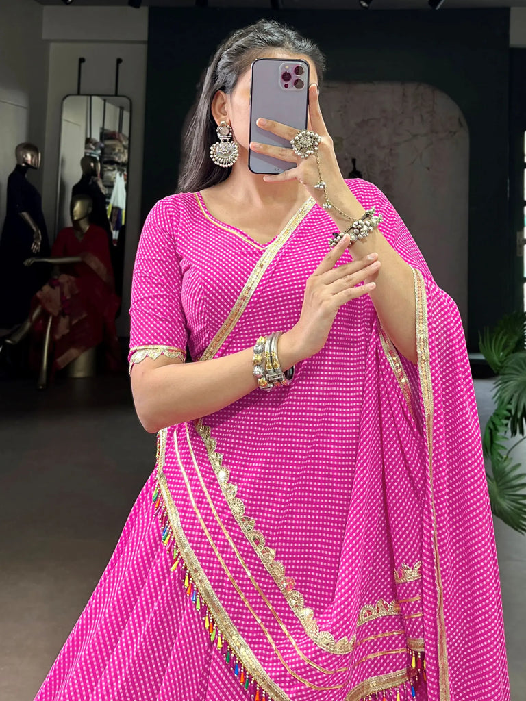 Outstanding Pink Badhani Printed Georgette Traditional Lehenga Choli