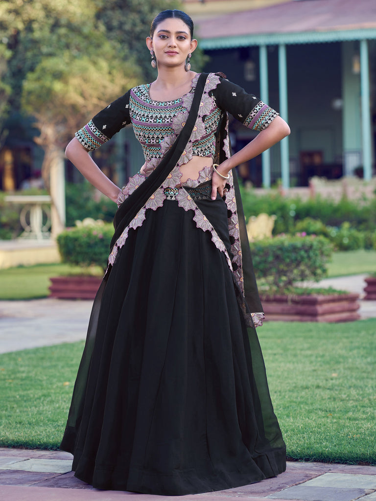 Dazzling Black Thread Work Georgette Event Wear Lehenga Choli