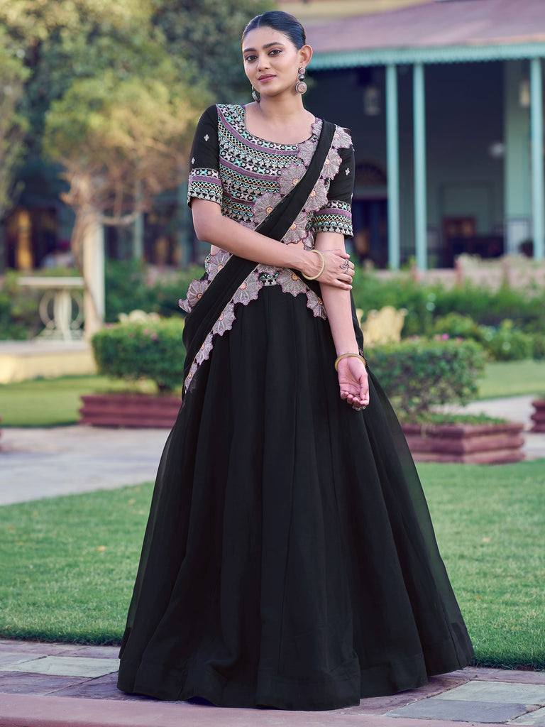 Dazzling Black Thread Work Georgette Event Wear Lehenga Choli