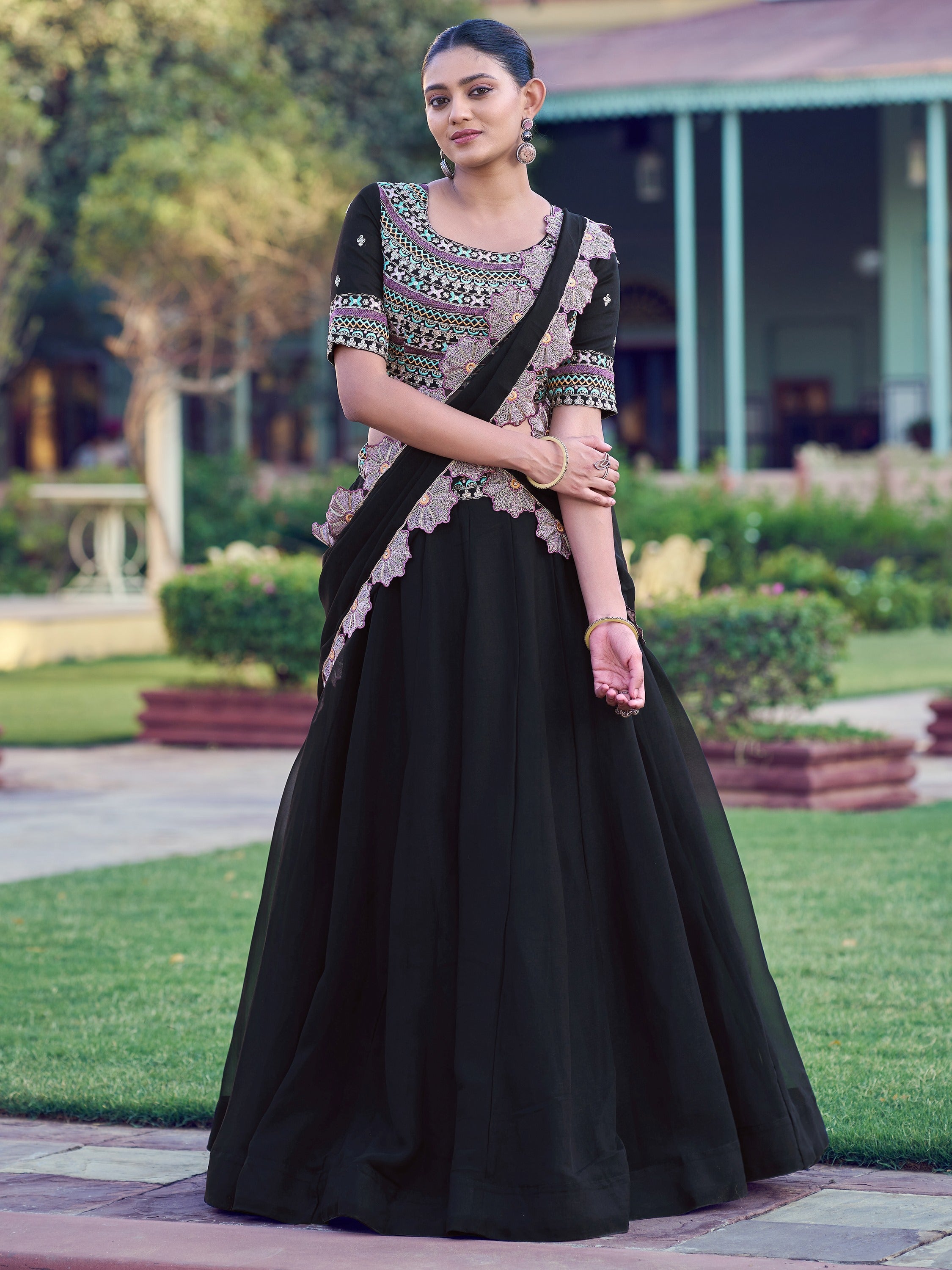 Dazzling Black Thread Work Georgette Event Wear Lehenga Choli
