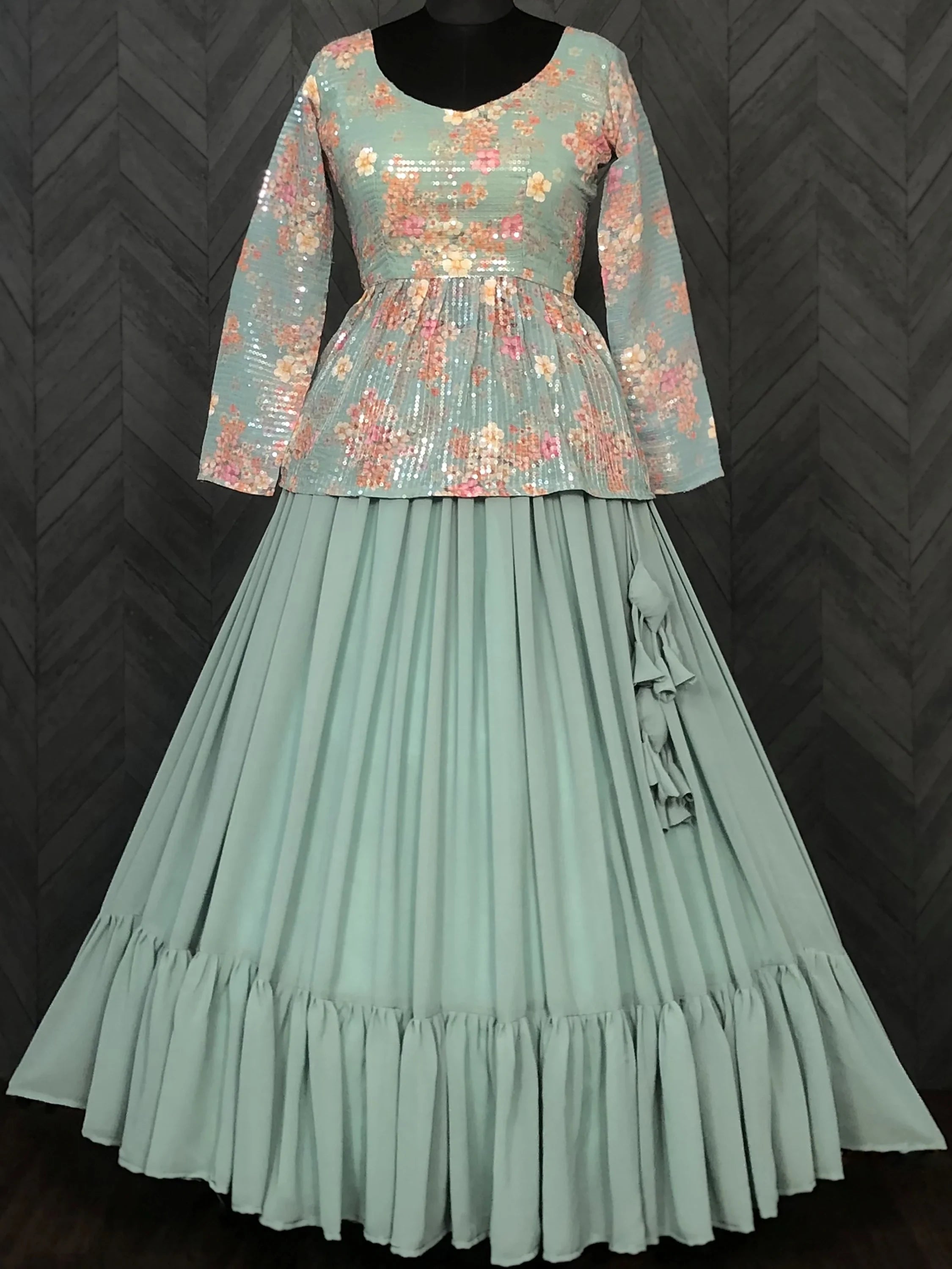 Amazing Blue Sequins Georgette Festive Wear Lehenga With Peplum Top