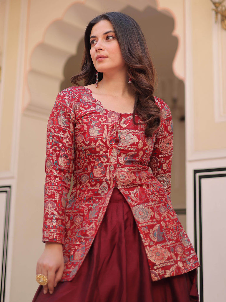 Adorable Maroon Silk Zari Weaving Bridesmaids Lehenga With Jacket
