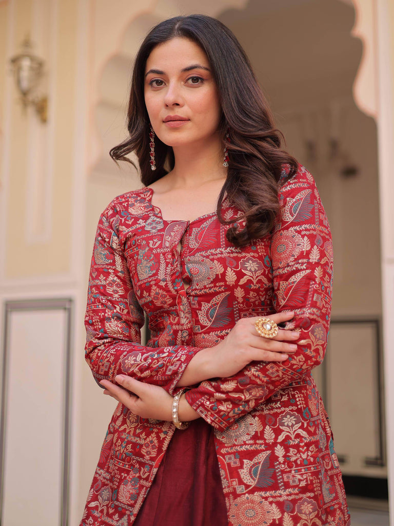 Adorable Maroon Silk Zari Weaving Bridesmaids Lehenga With Jacket