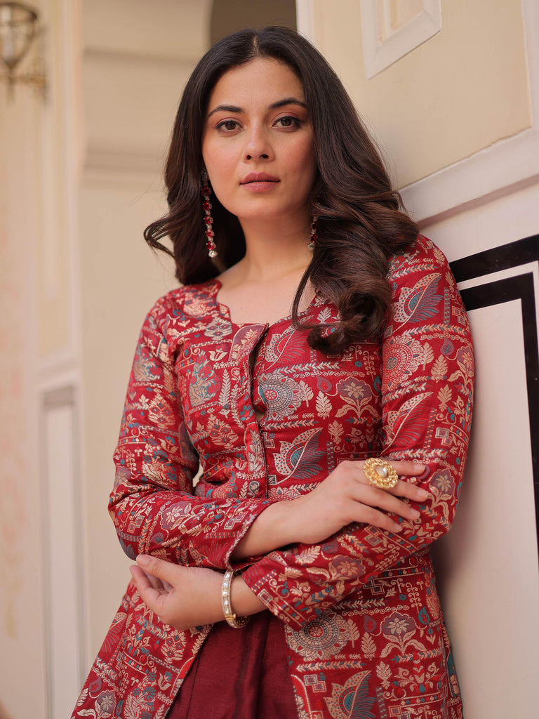 Adorable Maroon Silk Zari Weaving Bridesmaids Lehenga With Jacket