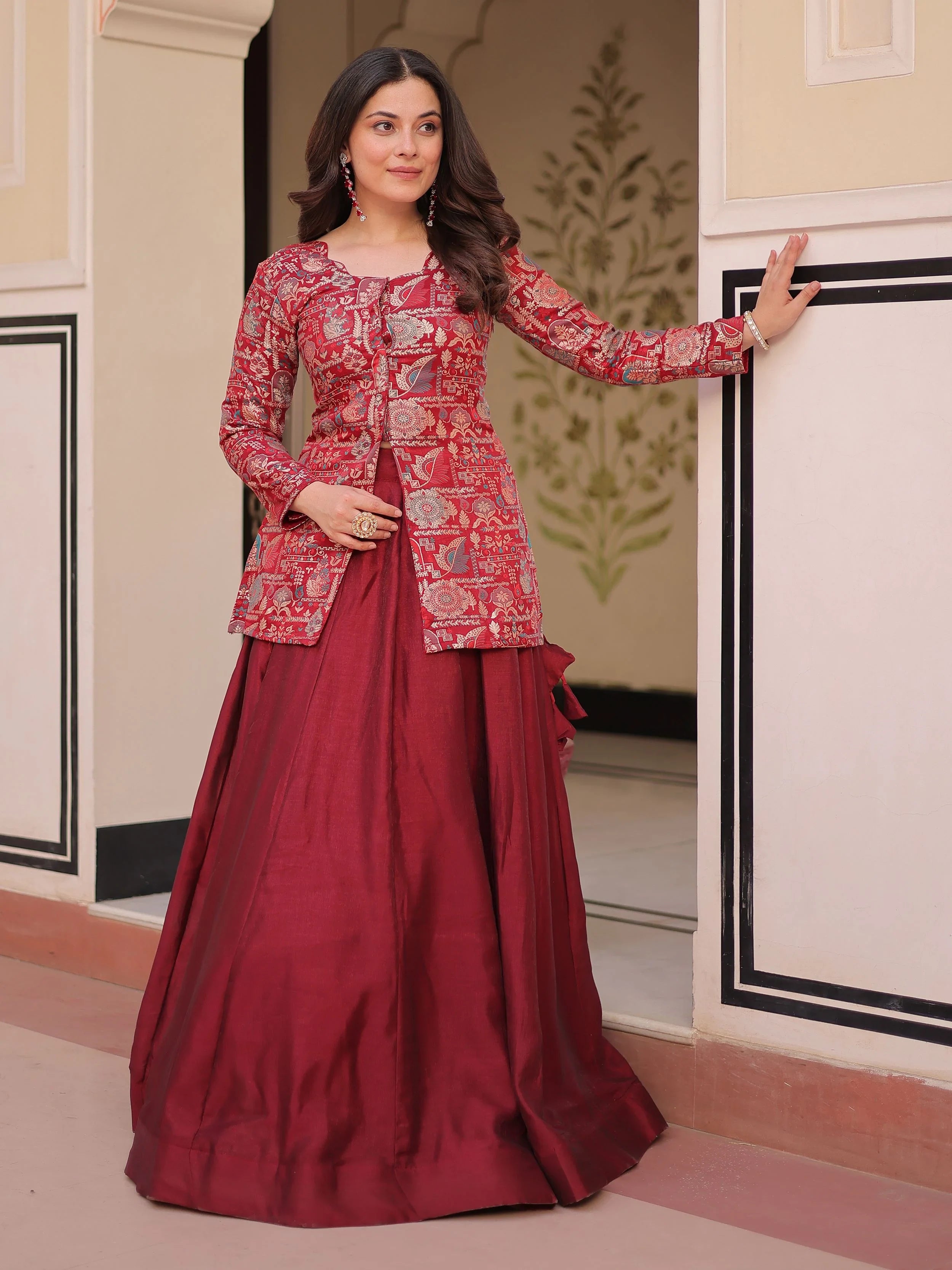 Adorable Maroon Silk Zari Weaving Bridesmaids Lehenga With Jacket