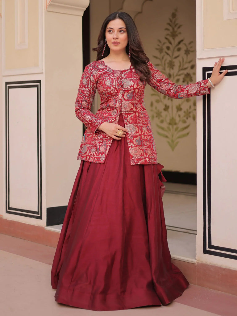 Adorable Maroon Silk Zari Weaving Bridesmaids Lehenga With Jacket