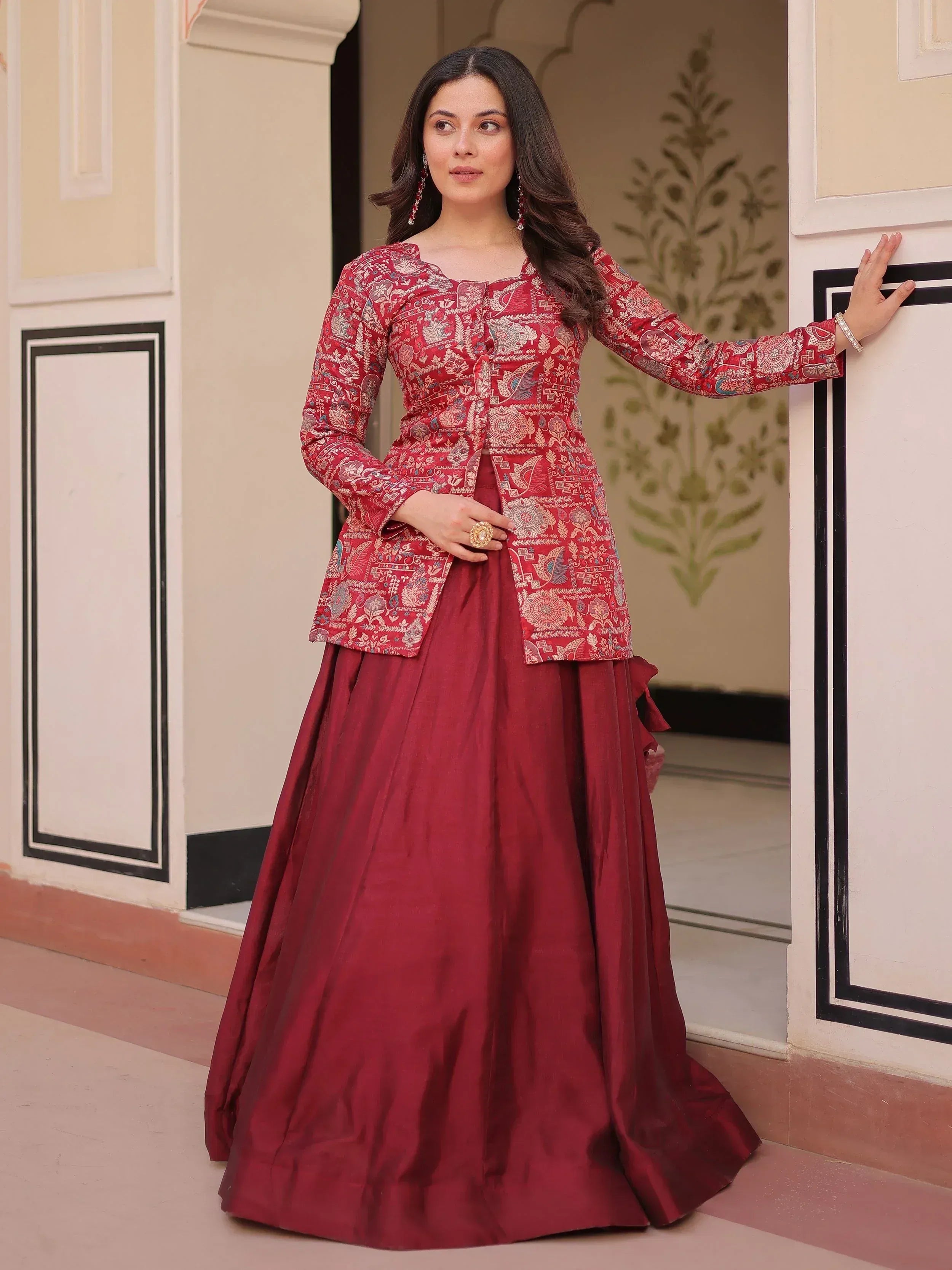 Adorable Maroon Silk Zari Weaving Bridesmaids Lehenga With Jacket