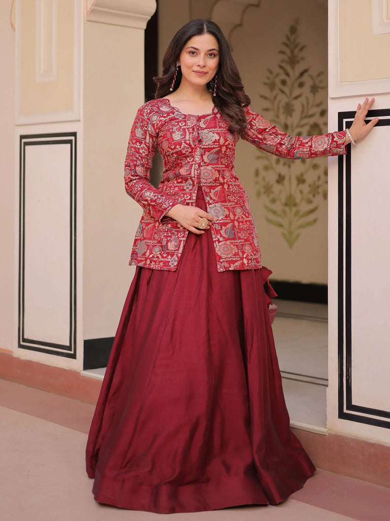 Adorable Maroon Silk Zari Weaving Bridesmaids Lehenga With Jacket