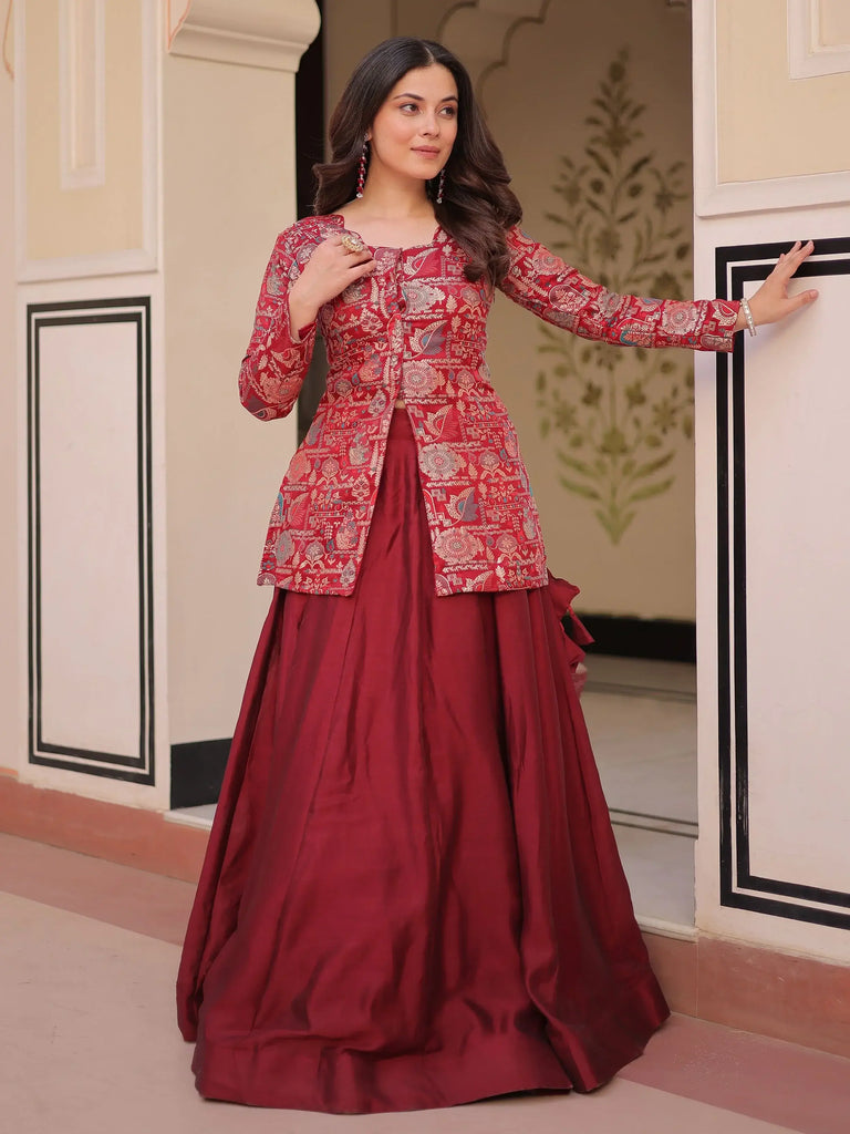 Adorable Maroon Silk Zari Weaving Bridesmaids Lehenga With Jacket