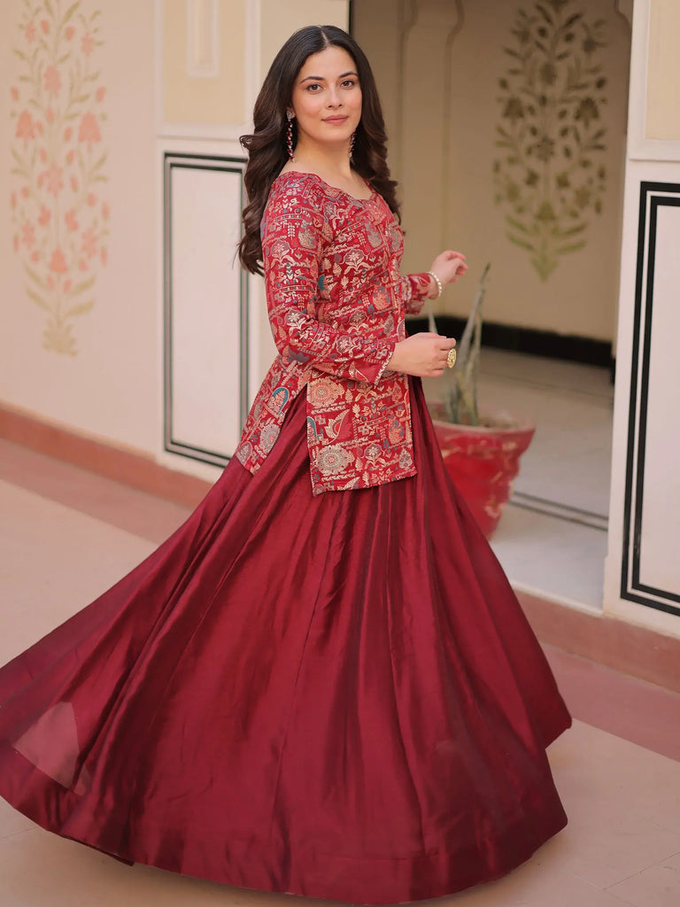 Adorable Maroon Silk Zari Weaving Bridesmaids Lehenga With Jacket