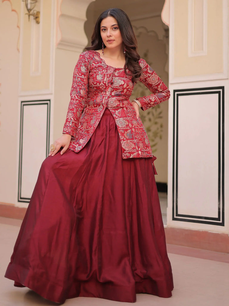 Adorable Maroon Silk Zari Weaving Bridesmaids Lehenga With Jacket