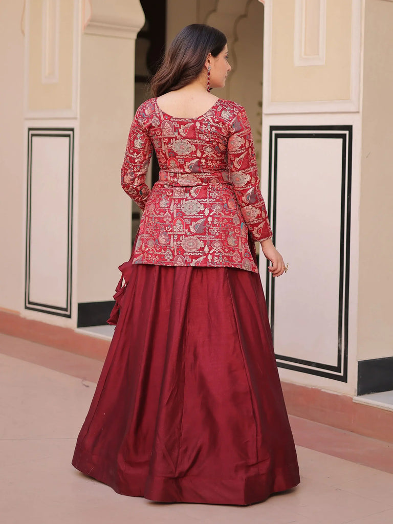 Adorable Maroon Silk Zari Weaving Bridesmaids Lehenga With Jacket