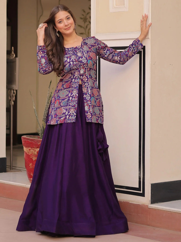 Awesome Purple Silk Weaving Party Wear Lehenga With Jacket