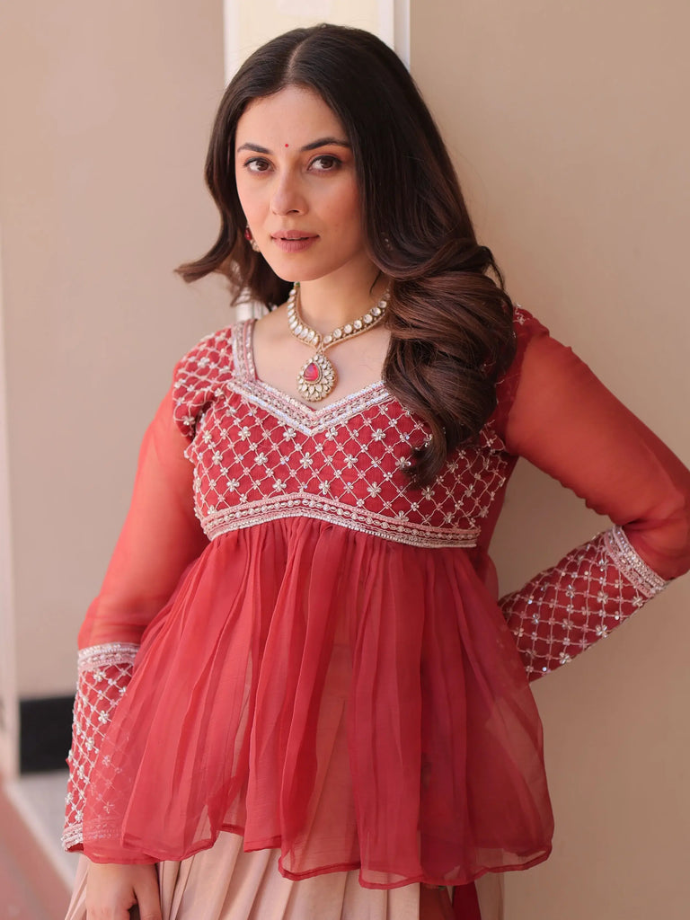 Adorable Red Organza Beads Work Designer Peplum Top With Lehenga