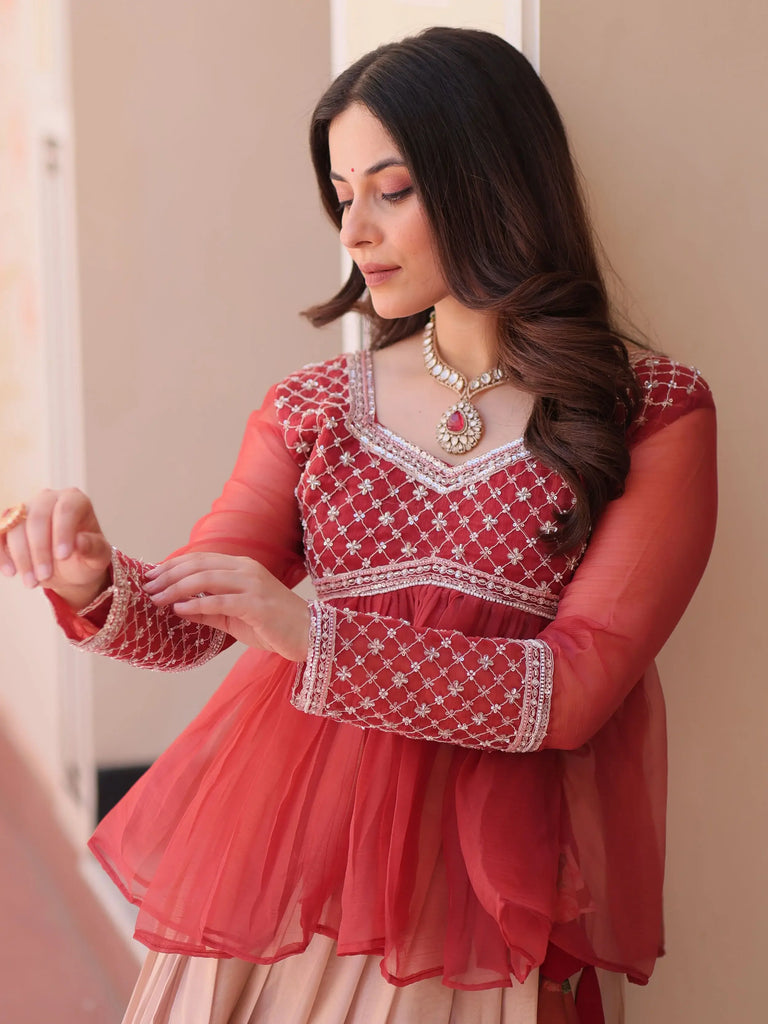 Adorable Red Organza Beads Work Designer Peplum Top With Lehenga