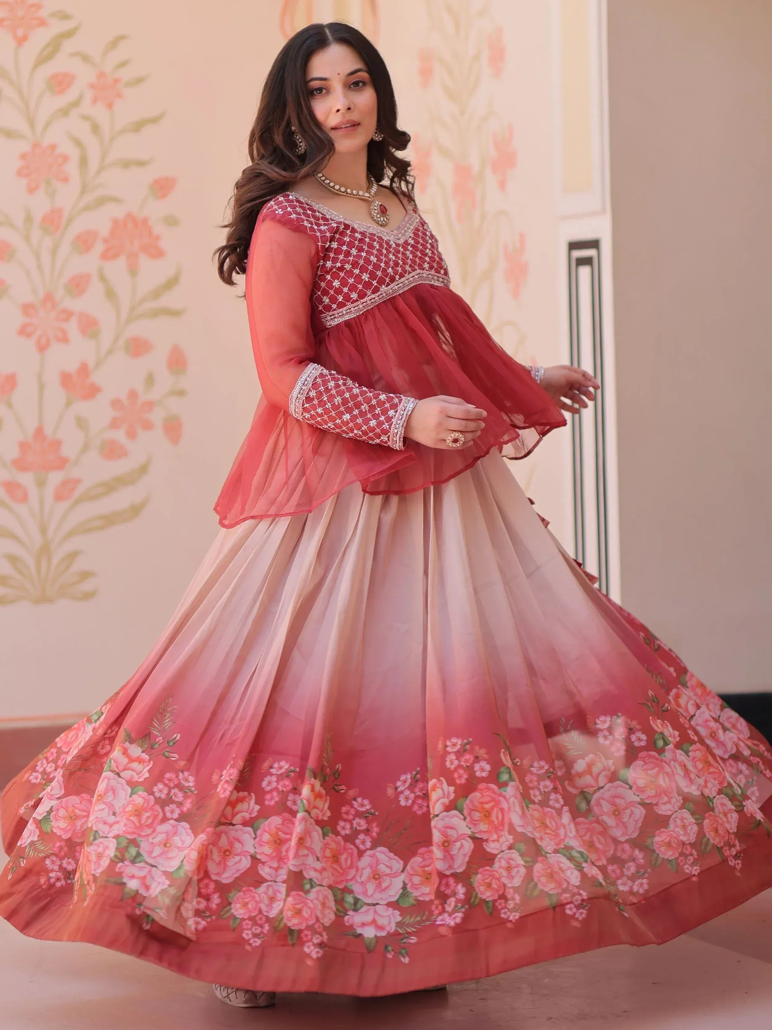 Elegant pink floral lehenga choli with embroidered blouse, perfect for Indian ethnic wear occasions.