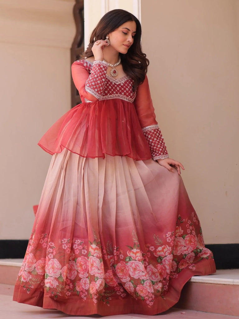 Adorable Red Organza Beads Work Designer Peplum Top With Lehenga