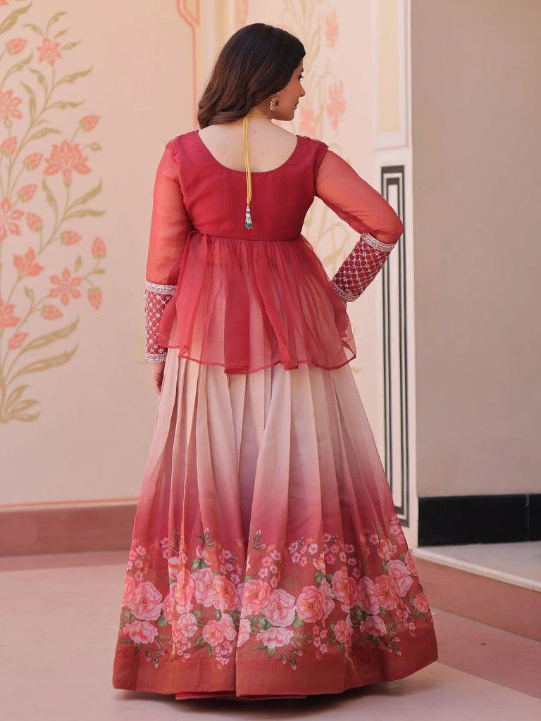 Adorable Red Organza Beads Work Designer Peplum Top With Lehenga