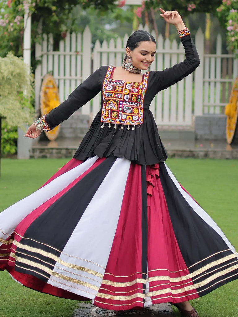 Delicate White Rayon Gamthi Work Navratri Wear Peplum Top With Lehenga